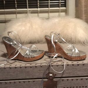 Metallic silver cork wedge sandals